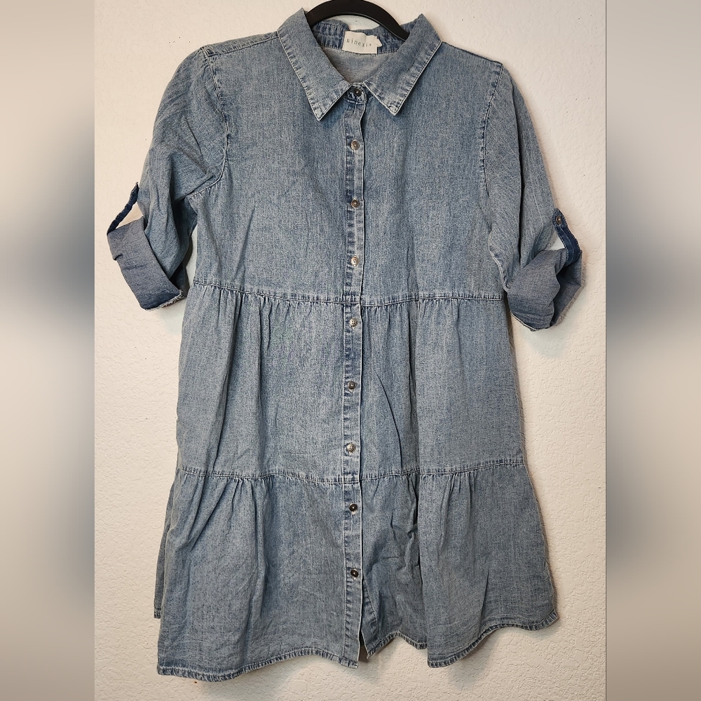 Ninexis Button Up Teired Midi Chambray Dress, Size M
